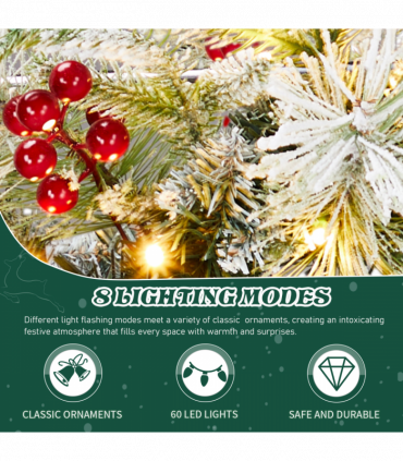 2 Pack 18in Pre-lit Snow Flocked Christmas Wreath, Lighted Artificial Xmas Wreath with 60 Warm Lights and 140 Tips and Red Berries Pine Cones, for Front Door Gate Wall Xmas Party Decorations