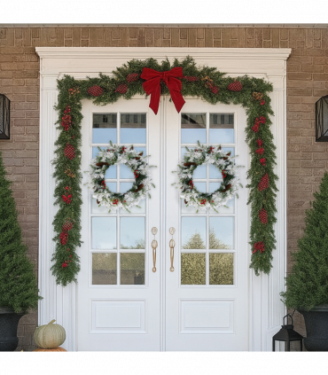 2 Pack 18in Pre-lit Snow Flocked Christmas Wreath, Lighted Artificial Xmas Wreath with 60 Warm Lights and 140 Tips and Red Berries Pine Cones, for Front Door Gate Wall Xmas Party Decorations