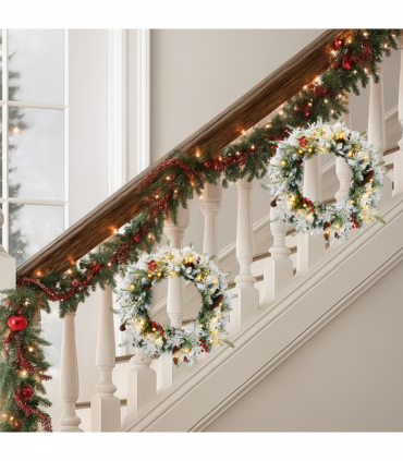 2 Pack 18in Pre-lit Snow Flocked Christmas Wreath, Lighted Artificial Xmas Wreath with 60 Warm Lights and 140 Tips and Red Berries Pine Cones, for Front Door Gate Wall Xmas Party Decorations