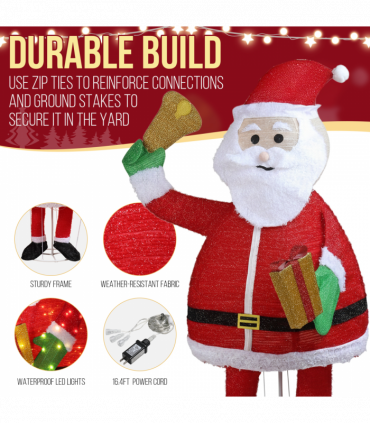 1.8M Lighted Santa Claus Holding Bell Christmas Yard Decorations, Pre-lit Pull Up Santa with 200 Warm White LEDs, for Xmas Outdoor Holiday Indoor Decor Lighted Holiday Displays