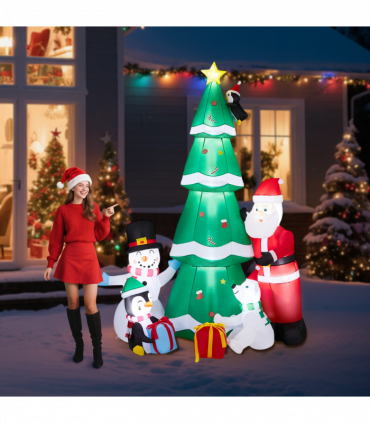 2.25M Lighted Christmas Inflatable Decoration, Inflatable Christmas Tree with Santa and Snowman, Funny Blow Up Yard Decorations with Built-in LED Lights for Holiday Party Front Yard Lawn Garden Decor