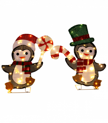 Set of 2 Lighted Penguin and Candy Cane Christmas Decorations, Pre-lit 2D Holiday Decor with 80 Warm White LED Lights for Xmas Outdoor Indoor Decor Lighted Holiday Displays