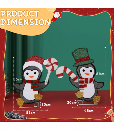 Set of 2 Lighted Penguin and Candy Cane Christmas Decorations, Pre-lit 2D Holiday Decor with 80 Warm White LED Lights for Xmas Outdoor Indoor Decor Lighted Holiday Displays