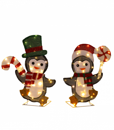 Set of 2 Lighted Penguin and Candy Cane Christmas Decorations, Pre-lit 2D Holiday Decor with 80 Warm White LED Lights for Xmas Outdoor Indoor Decor Lighted Holiday Displays