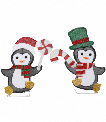 Set of 2 Lighted Penguin and Candy Cane Christmas Decorations, Pre-lit 2D Holiday Decor with 80 Warm White LED Lights for Xmas Outdoor Indoor Decor Lighted Holiday Displays