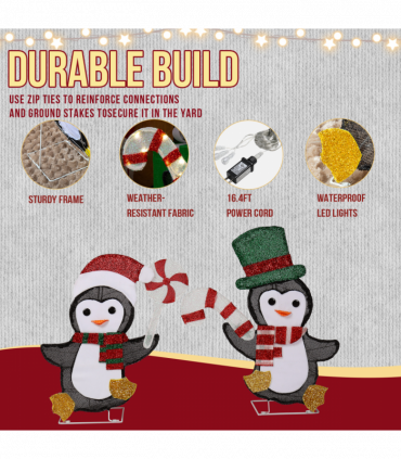 Set of 2 Lighted Penguin and Candy Cane Christmas Decorations, Pre-lit 2D Holiday Decor with 80 Warm White LED Lights for Xmas Outdoor Indoor Decor Lighted Holiday Displays