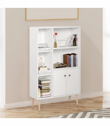 Open Bookcase Cabinet Shelves W/ Two Doors, 80W x 23.5D x 118Hcm-White