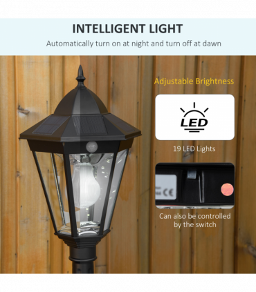 1.9M Garden Lamp Post Light, IP44 Outdoor LED Solar Powered Black