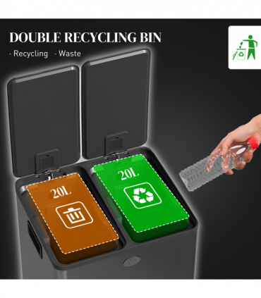 HOMCOM 2 x 20L Dual Kitchen Bin Pedal Bin for Recycling and Waste, Black