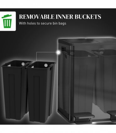 HOMCOM 2 x 20L Dual Kitchen Bin Pedal Bin for Recycling and Waste, Black