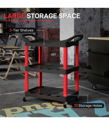 HOMCOM 3-Tier Rolling Tool Cart, Tool Trolley on Wheels for Garage, Black