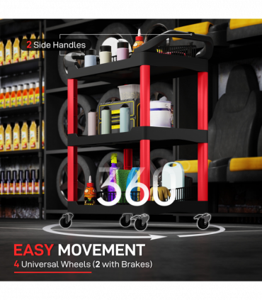 HOMCOM 3-Tier Rolling Tool Cart, Tool Trolley on Wheels for Garage, Black