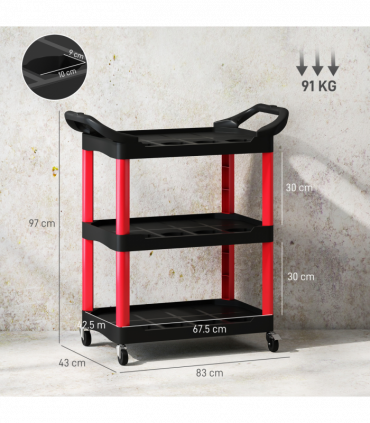 HOMCOM 3-Tier Rolling Tool Cart, Tool Trolley on Wheels for Garage, Black