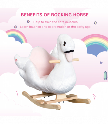 Kids Ride On Swan Toy Rocking Horse Plush White Light Pink Black Wood