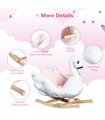 Kids Ride On Swan Toy Rocking Horse Plush White Light Pink Black Wood