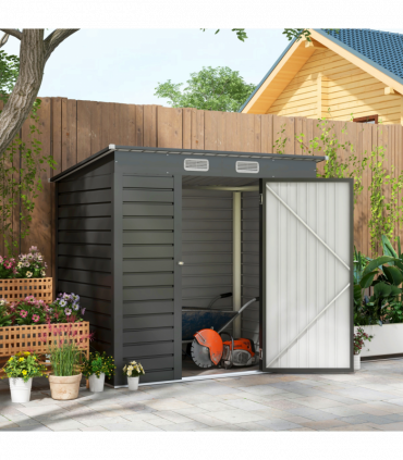 Outsunny 6.3 x 4.3FT Galvanised  Metal Garden Shed with Lockable Door, Grey