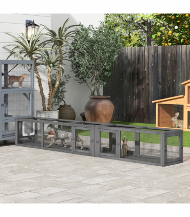 PawHut Cat Tunnel, 250cm Extra Long Wooden Cat Play Tunnel with 8 Doors Grey