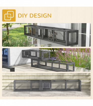 PawHut Cat Tunnel, 250cm Extra Long Wooden Cat Play Tunnel with 8 Doors Grey