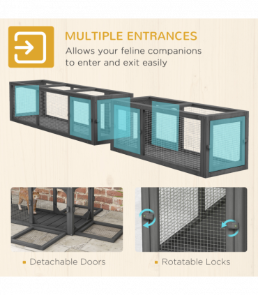 PawHut Cat Tunnel, 250cm Extra Long Wooden Cat Play Tunnel with 8 Doors Grey