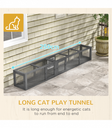 PawHut Cat Tunnel, 250cm Extra Long Wooden Cat Play Tunnel with 8 Doors Grey