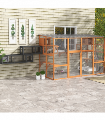 PawHut Cat Tunnel, 250cm Extra Long Wooden Cat Play Tunnel with 8 Doors Grey