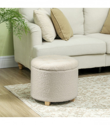 HOMCOM 45cm Round Ottoman with Storage, Lid, Cashmere Footstool, Cream White
