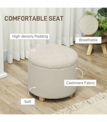 HOMCOM 45cm Round Ottoman with Storage, Lid, Cashmere Footstool, Cream White