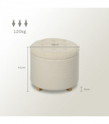 HOMCOM 45cm Round Ottoman with Storage, Lid, Cashmere Footstool, Cream White