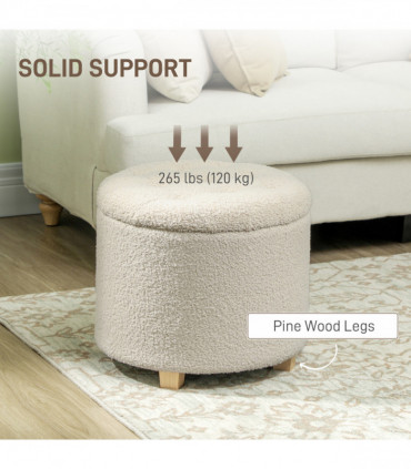 HOMCOM 45cm Round Ottoman with Storage, Lid, Cashmere Footstool, Cream White
