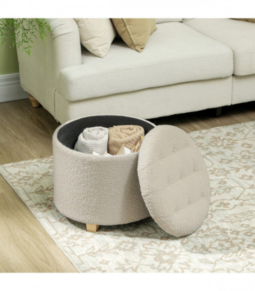 HOMCOM 45cm Round Ottoman with Storage, Lid, Cashmere Footstool, Cream White