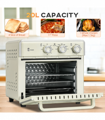 Toaster Oven - Cream 20L 90-230℃ 7 Functions Air Fry Timer Light Pan Tray Shelf