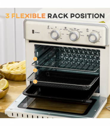 Toaster Oven - Cream 20L 90-230℃ 7 Functions Air Fry Timer Light Pan Tray Shelf