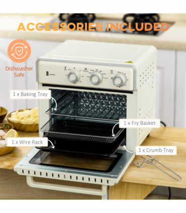 Toaster Oven - Cream 20L 90-230℃ 7 Functions Air Fry Timer Light Pan Tray Shelf