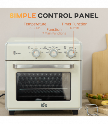 Toaster Oven - Cream 20L 90-230℃ 7 Functions Air Fry Timer Light Pan Tray Shelf