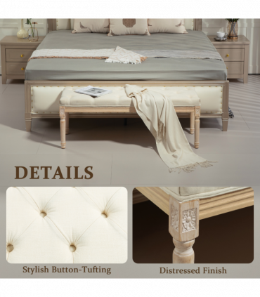 HOMCOM End of Bed Bench Upholstered Foot Stool Linen-Touch Ottoman Cream