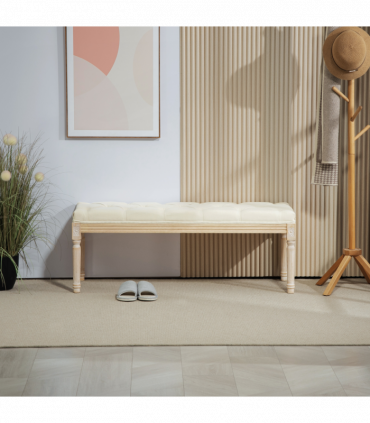 HOMCOM End of Bed Bench Upholstered Foot Stool Linen-Touch Ottoman Cream