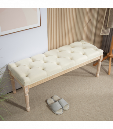 HOMCOM End of Bed Bench Upholstered Foot Stool Linen-Touch Ottoman Cream