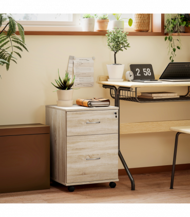 HOMCOM Pedestal Office Mobile Filing Cabinet 2 Drawer Wooden Storage Oak