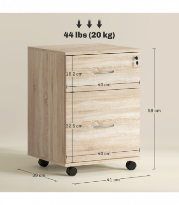 HOMCOM Pedestal Office Mobile Filing Cabinet 2 Drawer Wooden Storage Oak