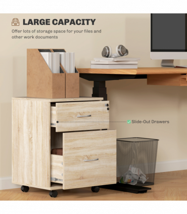 HOMCOM Pedestal Office Mobile Filing Cabinet 2 Drawer Wooden Storage Oak