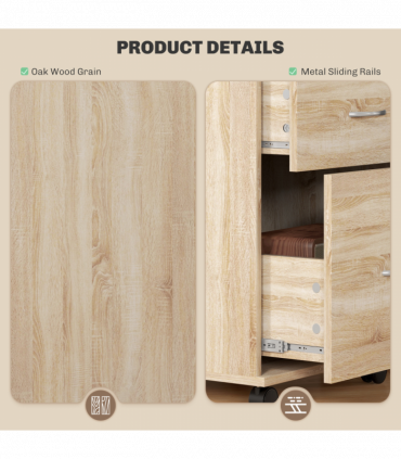 HOMCOM Pedestal Office Mobile Filing Cabinet 2 Drawer Wooden Storage Oak