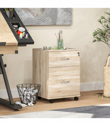 HOMCOM Pedestal Office Mobile Filing Cabinet 2 Drawer Wooden Storage Oak