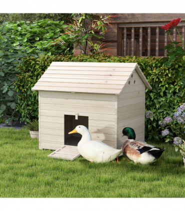 PawHut Wooden Duck House w/ Openable Roof, Raised Base, Air Holes - Natural