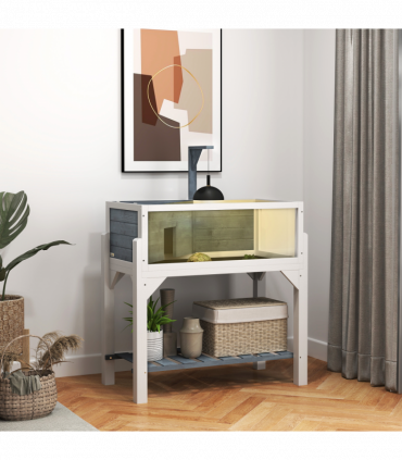 PawHut Wooden Tortoise House with Storage Shelf, Clear Observation Windows