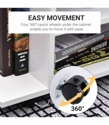 TV Stand Bookshelf Cabinet Modern 3 Tier shelf Storage Wheels in White