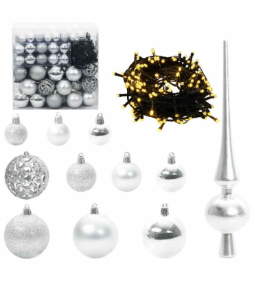 vidaXL Christmas Bauble Set with 300 LEDs 120 pcs Silver Plastic