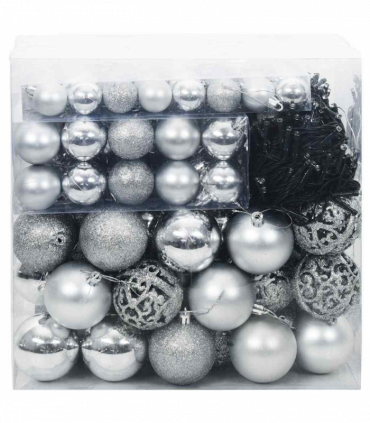 vidaXL Christmas Bauble Set with 300 LEDs 120 pcs Silver Plastic