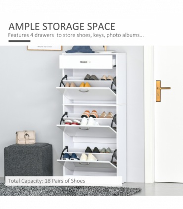 Shoe Cabinet 4 Drawers Storage with Flip Doors Shelves for 18 Pairs White