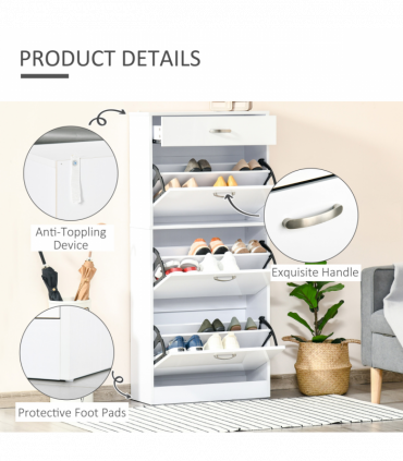 Shoe Cabinet 4 Drawers Storage with Flip Doors Shelves for 18 Pairs White