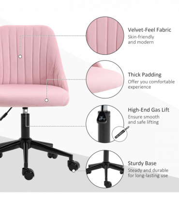 Vinsetto Velvet Office Chair with Adjustable Height and Wheels, Pink